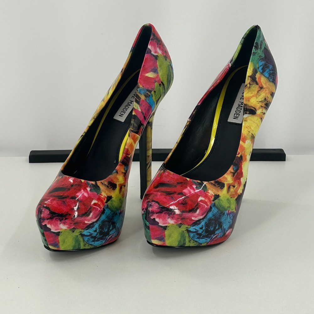 Steve‎ Madden Dejavu Floral Platform Pumps Multi Color Patent Stiletto Heels 8M